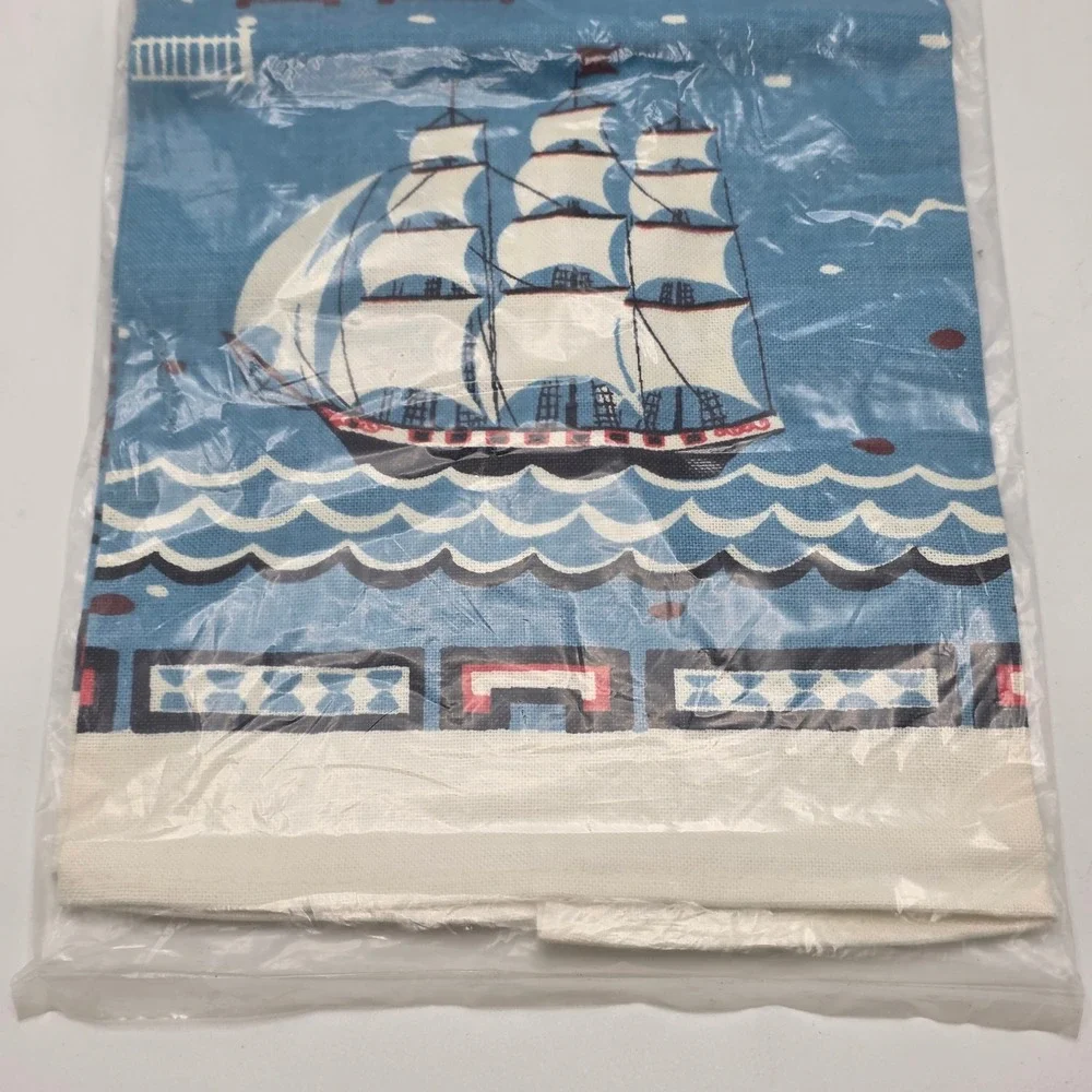 Kitchen Towel Vintage Nautical Sailing Ship Blue Mid Century Coastal Decor